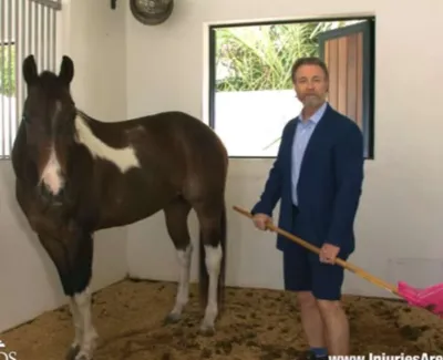 Man in blue suit holding pink broom standing next to brown and white horse in stable.