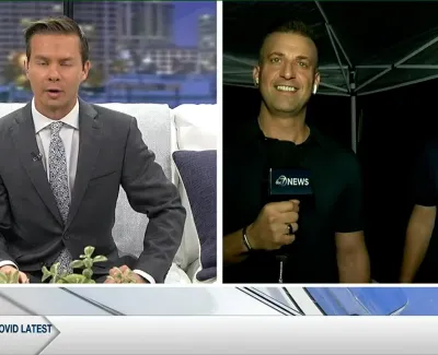 Two male news anchors in different settings reporting for ABC7 news during Cool IT Day segment.