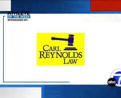 Carl Reynolds Law logo with a gavel icon, shown as sponsor for Athlete of the Week on ABC 7 news graphic.