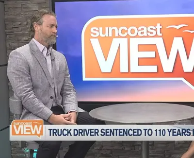 Two hosts discussing a news story about a truck driver sentenced to 110 years on Suncoast View show.