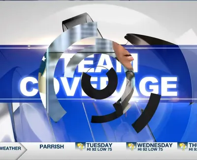 Weather forecast graphic with rotating circular elements and text reading Team Coverage in blue and white.