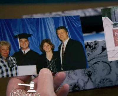 Photos of a law school graduation ceremony and graduate posing at Fredric G. Levin College of Law sign.