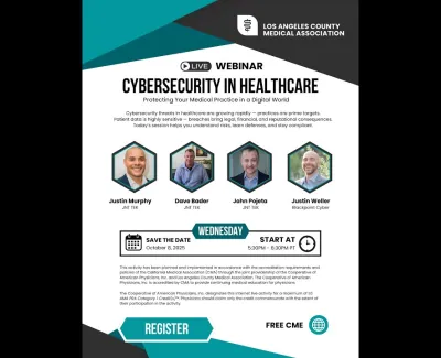 Webinar flyer on cybersecurity in healthcare featuring speakers, date, time, and registration details.