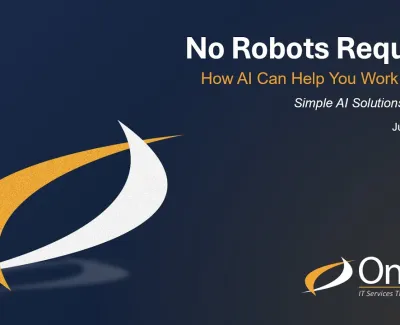 No Robots Required presentation slide with AI for SMBs by One82, dated June 30, 2025, with company logo on dark background.