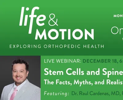 Promotional image for a webinar on stem cells and spine health by OrthoSouth Spine Institute with Dr. Raul Cardenas.