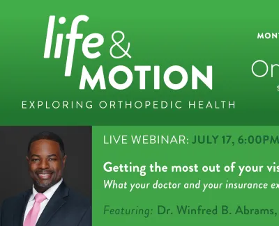 Webinar announcement for Life & Motion series by OrthoSouth Spine Institute on spine health hosted by Dr. Winfred B. Abrams.