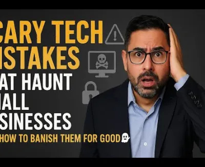 Worried man with glasses and beard next to text about scary tech mistakes haunting small businesses and how to banish them.