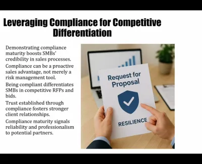 Presentation slide on leveraging compliance for competitive differentiation with a hands holding request proposal image.