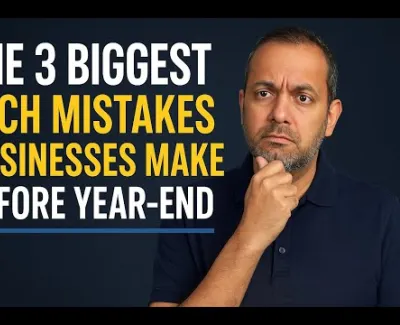 Man with thoughtful expression beside text about tech mistakes businesses make before year-end