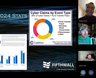 Virtual meeting with presentation slides on 2024 cyber insurance stats and claims data with participant video thumbnails.