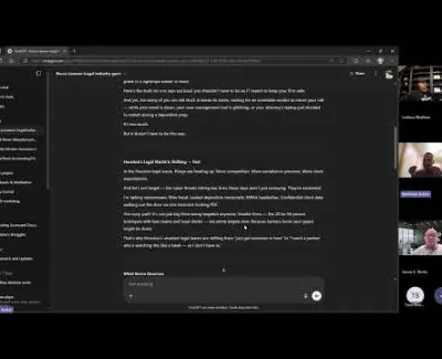 Screenshot of a virtual meeting with four participants and a shared screen showing a dark mode text editor and chat window.