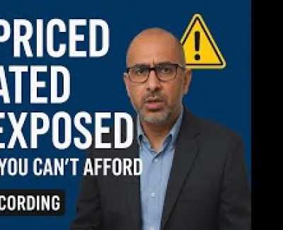 Man in glasses and suit presenting webinar on avoiding overpriced, outdated, and overexposed mistakes in business.