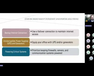 Presentation slide on ensuring redundant internet and power with backup connections, UPS, generators, and critical systems.