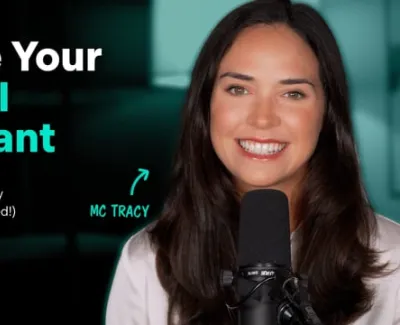 Smiling woman with microphone promotes creating an AI assistant with no tech skills required, working 24/7.