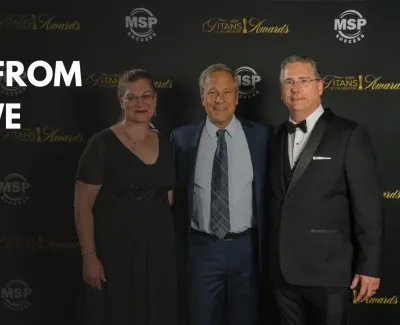 Three people dressed formally at the Titans Awards event with text What I Learned From Mike Rowe on left
