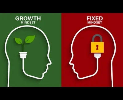 Illustration contrasting growth mindset with a sprouting plant and fixed mindset with a locked padlock inside head shapes.