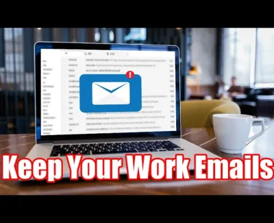 Laptop on desk showing email alert with work emails in background and a white coffee cup