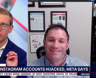TV news broadcast showing anchor and expert discussing over 20,000 Instagram accounts hijacked, Meta investigation reported.