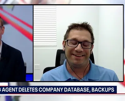 Two men in a live news interview discussing AI coding agent deleting company database and backups.