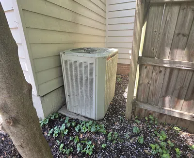 Outdoor air conditioning unit beside house siding and a wooden fence with surrounding soil and small plants.