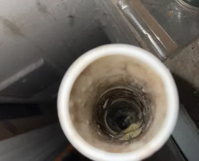Close-up view inside a white PVC pipe showing dirt and debris buildup around the inner walls.