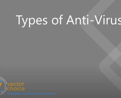 Gray background with text 'Types of Anti-Virus' and Vector Choice logo in bottom left corner.