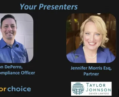 Portraits of Jon DePerro and Jennifer Morris, presenters for Vector Choice and Taylor Johnson law firm.