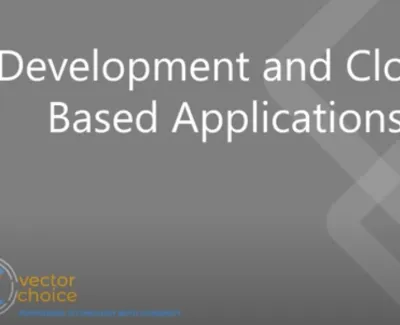 Development and cloud based applications text on gray background with Vector Choice logo