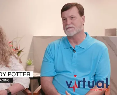 Jeff and Sandy Potter, patients of Virtual Imaging, seated and sharing their experience in an interview setting.