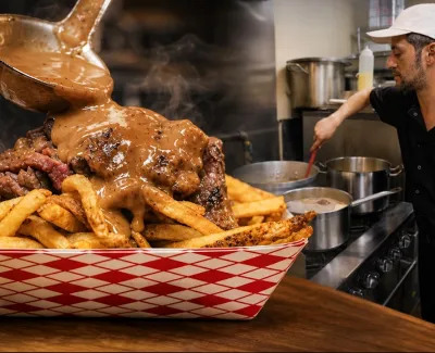 Chef pouring gravy over steak and fries in a red checkered food tray inside a busy kitchen.