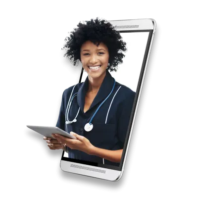 Smiling healthcare professional with a stethoscope, holding a digital tablet, representing telemedicine.