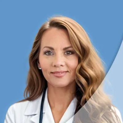 Confident female doctor with stethoscope wearing white coat against a blue background