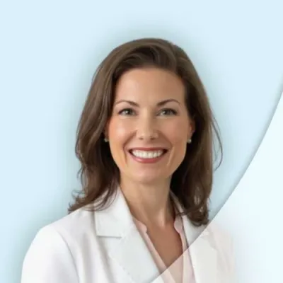 Smiling professional woman with brown hair in white blazer against light blue background.