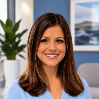 Smiling woman with brown hair wearing light blue blouse in modern office with plant and framed artwork