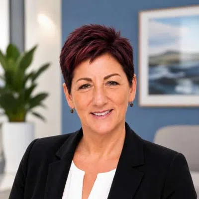 Professional woman with short dark red hair smiling in an office setting with blurred plant and artwork background.