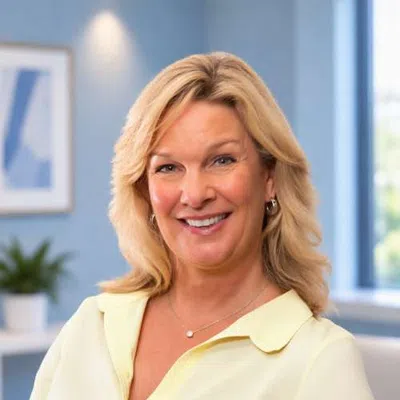 Smiling middle-aged woman with blonde hair in a light yellow blouse in a bright modern office background.