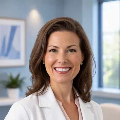 Smiling woman in white lab coat in a bright, modern office with blurred background and a plant.