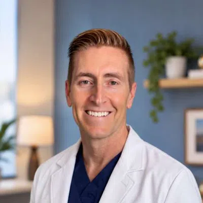 Smiling male doctor in white coat with stethoscope against a blue background.
