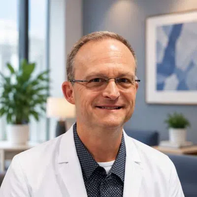 Smiling male doctor wearing glasses and white coat in a modern medical office with plants and artwork in background