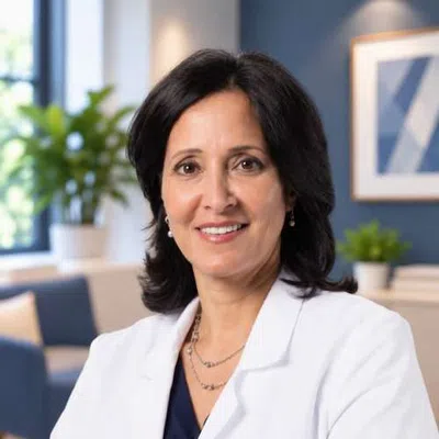 Professional woman in a white lab coat smiling in a modern office setting with plants and framed art.