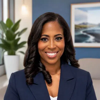 Smiling woman with styled black hair wearing a navy blazer against a blue background with graphic overlay.