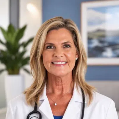 Smiling female doctor in white coat with stethoscope in clinical office setting with plant and artwork in background