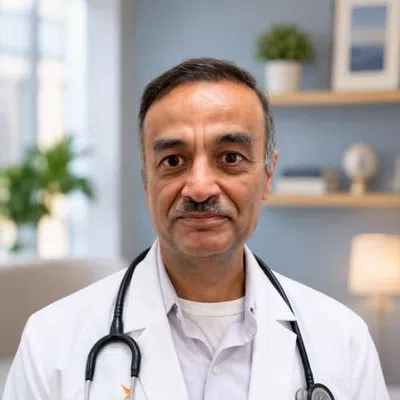Middle-aged male doctor in white coat with stethoscope in bright medical office setting