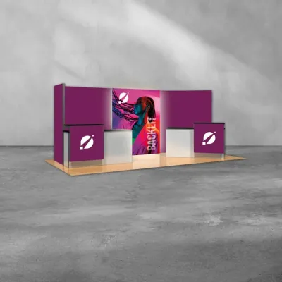 Modern trade show booth with purple panels, two counters, and a vibrant central graphic of a woman with flowing hair.