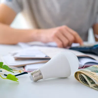 Energy-saving LED bulb with a calculator, dollar bills, and person budgeting finances in the background.