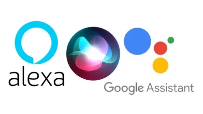 Logos of Alexa, Siri, and Google Assistant digital voice assistants on a white background.