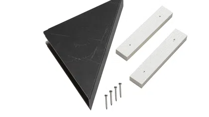Black triangular shelf bracket with two white wooden supports and four metal screws on white background