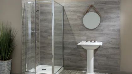 Modern bathroom with glass shower enclosure, pedestal sink, round mirror, and decorative potted plant.