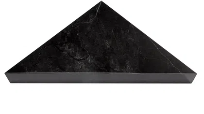 Black marble triangular block with polished surface and natural white veining on white background.