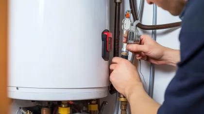 Technician adjusting a valve on a white home water heater with pressure gauge and pipes.
